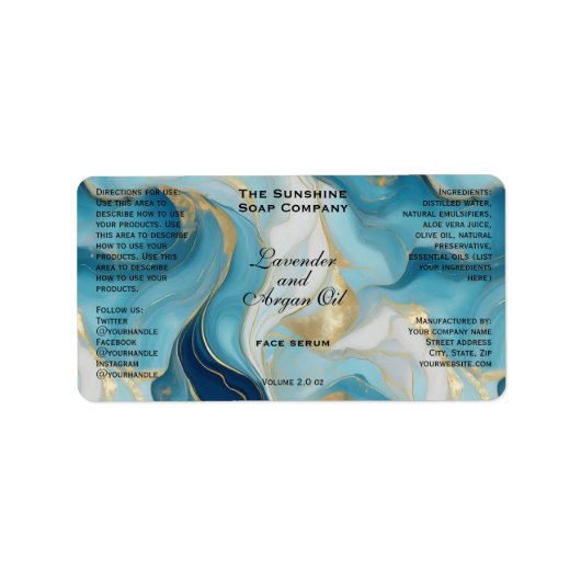 Blauw Marmer en Goud Cosmetica Dropper Fles Etiket (Voorkant)