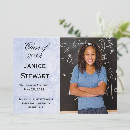 Blauw Marmer Foto Afstuderen Aankondiging (Staand voorkant)