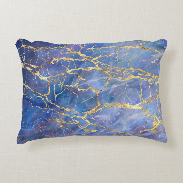 Blauw Marmer Goud Abstracte Textuur Accent Kussen (Voorkant)