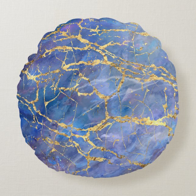 Blauw Marmer Goud Abstracte Textuur Rond Kussen (Voorkant)