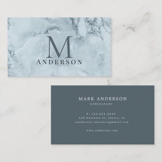 Blauw Marmer Mannelijk Dubbel Monogram Visitekaartje (Voorkant / Achterkant)