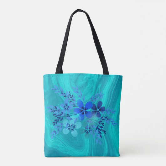 Blauw marmer met bloemen tote bag (Achterkant)