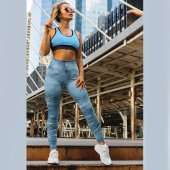 Blauw marmer met een roos op elke poot leggings