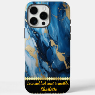 Blauw marmer met gouden accenten iPhone 16 pro max hoesje