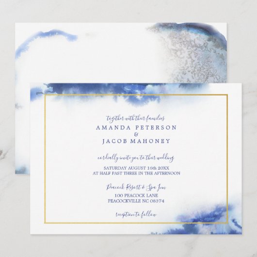 Blauw Marmer Ombre Gouden Frame Trouwkaart Aankondiging (Voorkant / Achterkant)