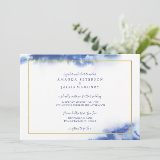 Blauw Marmer Ombre Gouden Lijst Bruiloft Aankondiging (Staand voorkant)