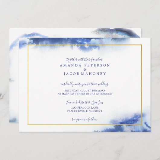 Blauw Marmer Ombre Gouden Lijst Bruiloft Aankondiging (Voorkant / Achterkant)