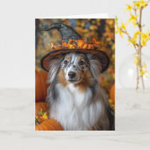 Blauw Marmer Sheltie Halloween Kaart (Gele Bloem)