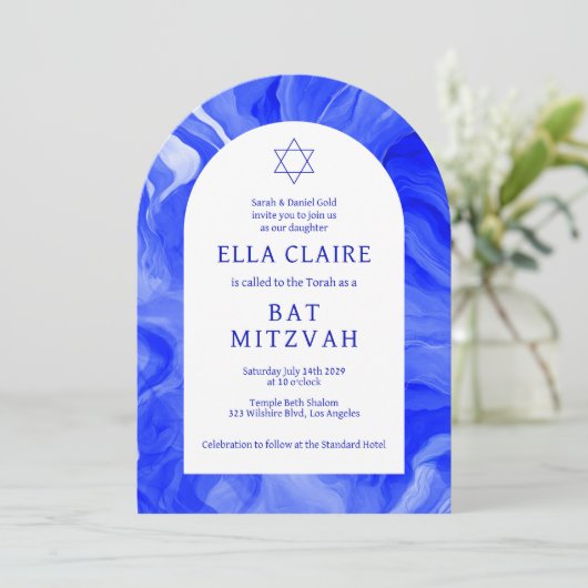 Blauw Marmer Wervelt Star David Bar Bat Mitswa Arc Kaart (Staand voorkant)