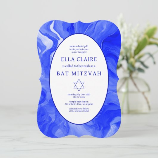 Blauw Marmer Wervelt Ster van David Bar Bat Mitswa Kaart (Staand voorkant)