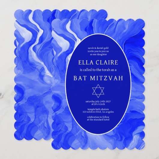 Blauw Marmer Wervelt Ster van David Bar Bat Mitswa Kaart (Voorkant / Achterkant)