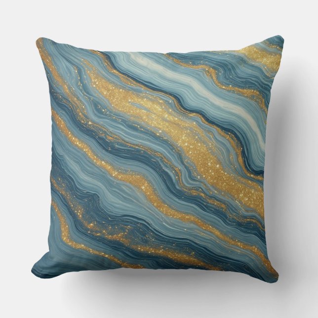 Blauw Marmeren Abstract Met Gouden Aderen Kussen (Voorkant)