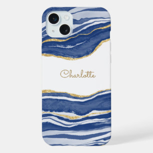 Blauw marmeren agaat gouden glitters gepersonalise iPhone 15 plus case