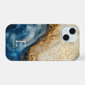 Blauw marmeren chic gouden glitter monogram iPhone 15 case (Achterkant horizontaal)