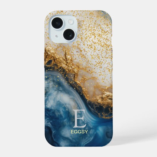 Blauw marmeren chic gouden glitter monogram iPhone 15 case (Achterkant)