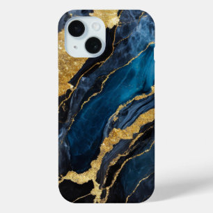 Blauw marmeren patroon met goud iPhone 15 case