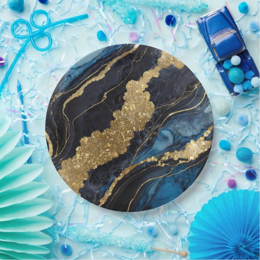 Blauw marmeren patroon met goud papieren bordje (Feest)