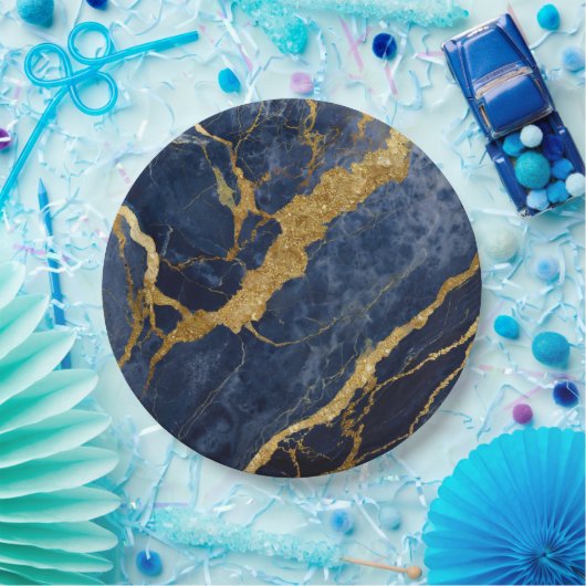 Blauw marmeren patroon met goud papieren bordje (Feest)