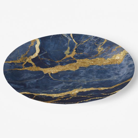Blauw marmeren patroon met goud papieren bordje (Gekanteld)