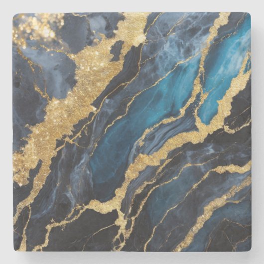 Blauw Marmeren Patroon met Goud Stenen Onderzetter (Voorkant)