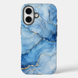 Blauw marmeren waterverfpatroon met gouden aders iPhone 16 hoesje
