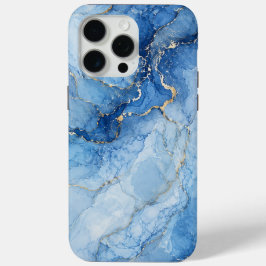 Blauw marmeren waterverfpatroon met gouden aders iPhone 15 pro max hoesje