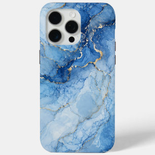 Blauw marmeren waterverfpatroon met gouden aders iPhone 15 pro max hoesje