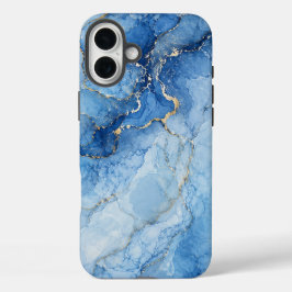 Blauw marmeren waterverfpatroon met gouden aders iPhone 16 plus hoesje