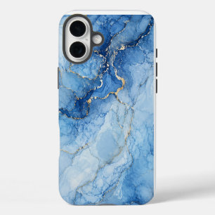 Blauw marmeren waterverfpatroon met gouden aders iPhone 16 plus hoesje