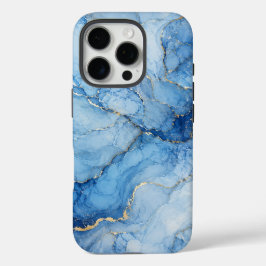 Blauw marmeren waterverfpatroon met gouden aders iPhone 16 pro hoesje