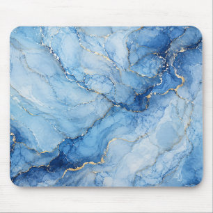 Blauw marmeren waterverfpatroon met gouden aders muismat