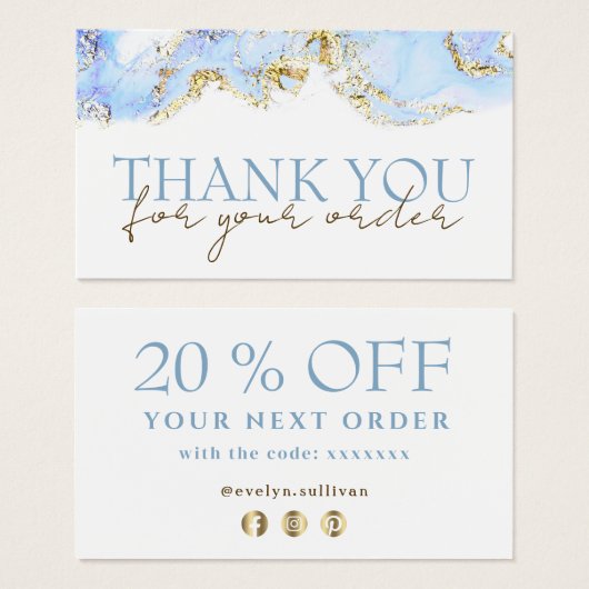blauw marmermodel bedankt voor je korting visitekaartje (Voorkant /achterkant)