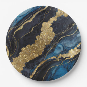 Blauw Marmerpatroon met Goud Papieren Bordje