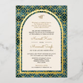 Blauw Marokkaans Patroon Sikh Boog Trouwgoud Folie Uitnodiging (Voorkant)