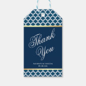 Blauw Marokkaans Quatrefoil Patroon Bruiloft Cadeaulabel (Voorkant)