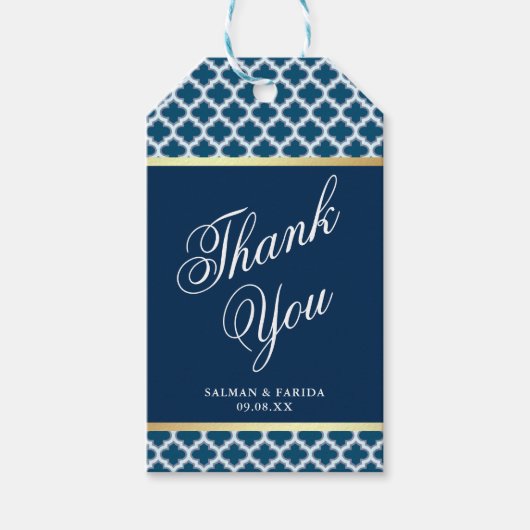 Blauw Marokkaans Quatrefoil Patroon Bruiloft Cadeaulabel (Voorkant)