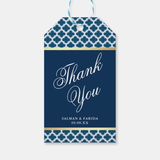 Blauw Marokkaans Quatrefoil Patroon Bruiloft Cadeaulabel (Achterkant)