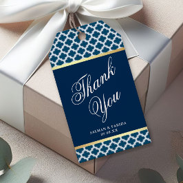 Blauw Marokkaans Quatrefoil Patroon Bruiloft Cadeaulabel