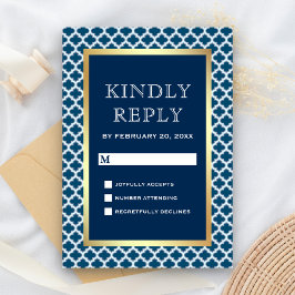 Blauw Marokkaans Quatrefoil Patroon Bruiloft RSVP Kaartje