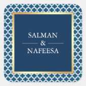 Blauw Marokkaans Quatrefoil Patroon Bruiloft Vierkante Sticker (Voorkant)