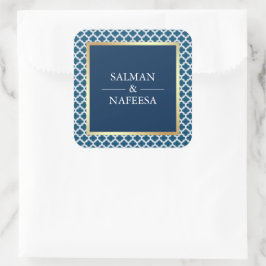 Blauw Marokkaans Quatrefoil Patroon Bruiloft Vierkante Sticker