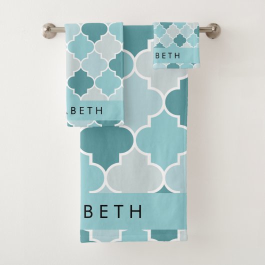 Blauw Marokkaans Trellis, Quatrefoil, Jouw naam Bad Handdoek (Insitu)