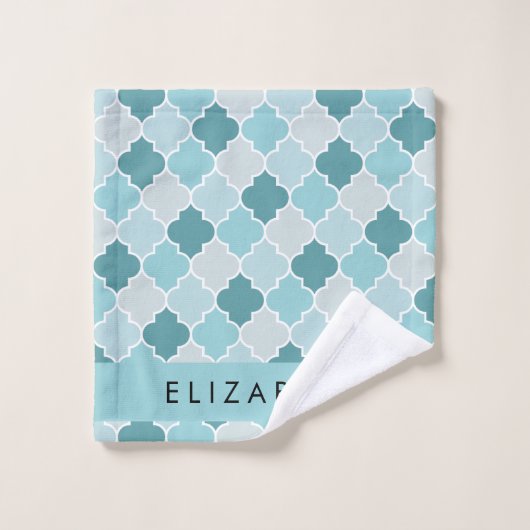 Blauw Marokkaans Trellis, Quatrefoil, Jouw naam Bad Handdoek (Wasdoekje)
