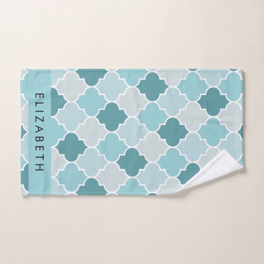 Blauw Marokkaans Trellis, Quatrefoil, Jouw naam Bad Handdoek (Handdoek)