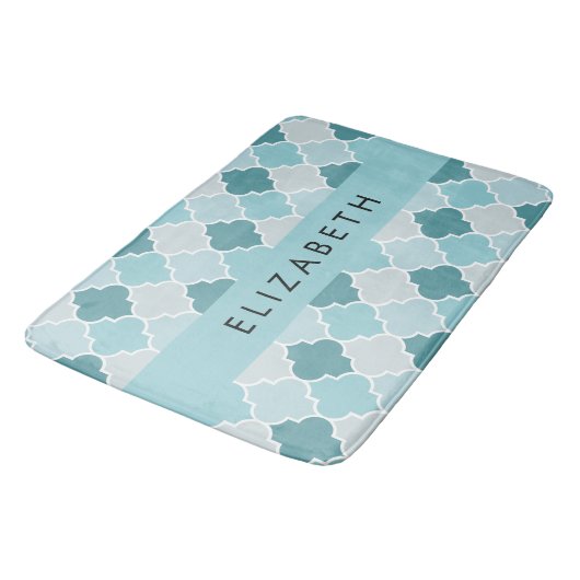 Blauw Marokkaans Trellis, Quatrefoil, Jouw naam Badmat (Gekanteld)