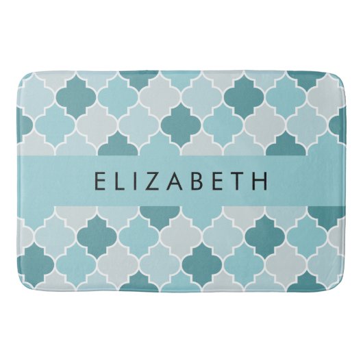 Blauw Marokkaans Trellis, Quatrefoil, Jouw naam Badmat (Voorkant)