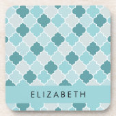 Blauw Marokkaans Trellis, Quatrefoil, Jouw naam Bier Onderzetter (Voorkant)