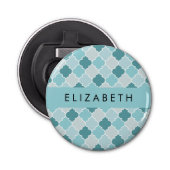 Blauw Marokkaans Trellis, Quatrefoil, Jouw naam Button Flesopener (Voorkant)