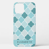 Blauw Marokkaans Trellis, Quatrefoil, Jouw naam Case-Mate iPhone Case (Achterkant)