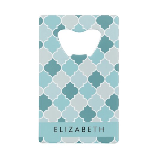 Blauw Marokkaans Trellis, Quatrefoil, Jouw naam Creditkaart Flessenopener (Voorkant)